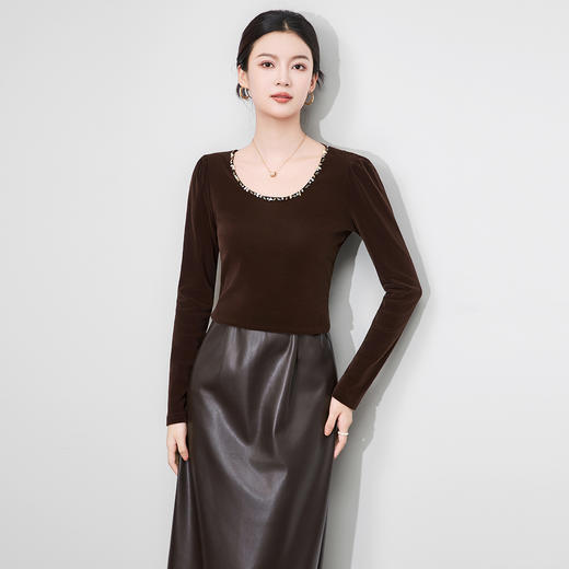 「高货wl」全新升级【铂金会员220/天猫299/差价79】(45536)洛诗琳手工钉珠丝绒打底衫2025秋冬后背蕾丝刺绣拼接上衣 商品图1