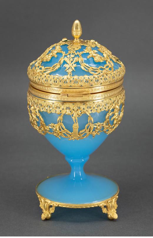 独角鹿西洋古董 19世纪法国出品新古典主义风格天使火炬主题铜鎏金精雕装饰蛋形蓝色欧泊水晶珍宝盒 商品图2