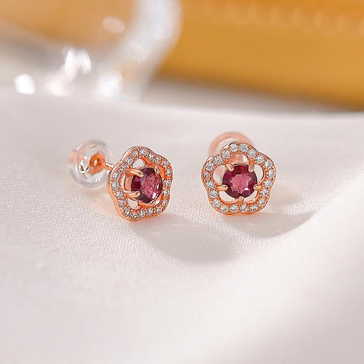 【梅花春雪】S925纯银碧玺镀玫瑰金梅花圆珠耳钉【CW-ED04235】 商品图1