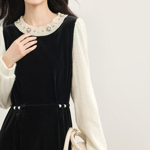 【年货节】熙世界黑天鹅假两件丝绒连衣裙女秋冬法式赫本收腰裙子 商品图4