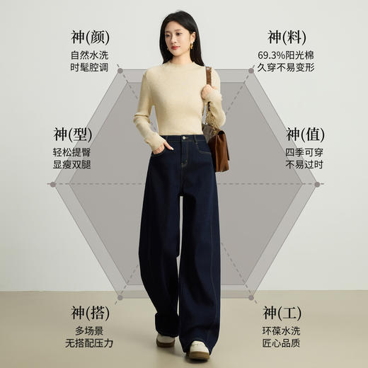 【周末秒杀】熙世界「进阶厚绒法棍裤」加绒直筒牛仔裤女冬季复古保暖阔腿长裤 商品图1