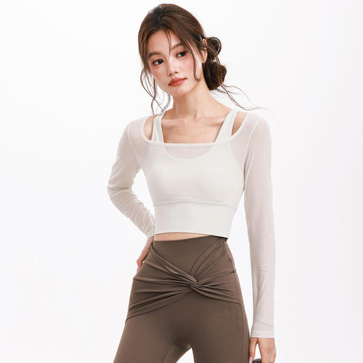 【3~5天发货】跃牌【美度空间】系列 带胸垫固定杯瑜伽长袖网纱拼接假两件瑜伽服上衣ADCXB53009 商品图0