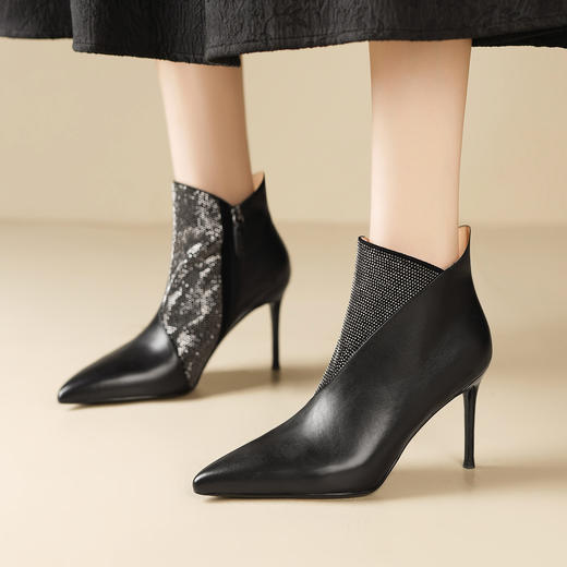 OLD M1162-1真皮水钻加绒时装靴细跟尖头短筒高跟靴 商品图0