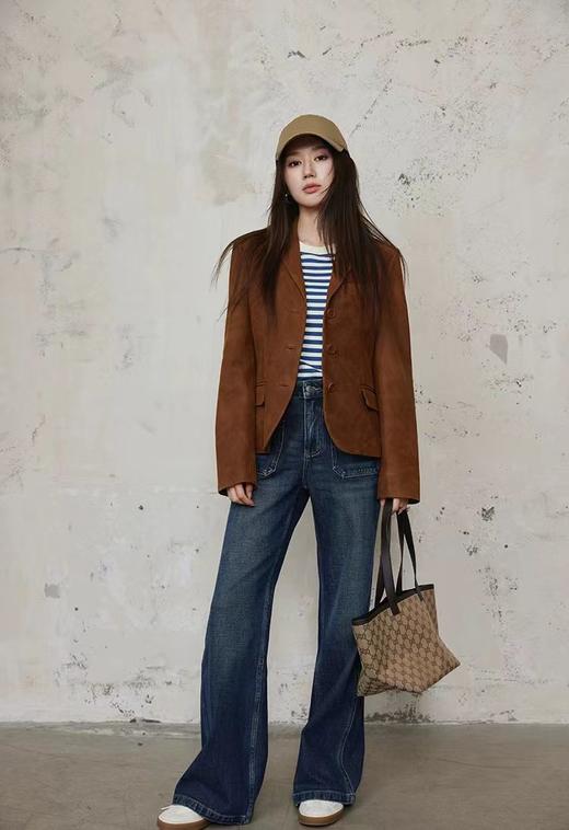 D102070秋冬新款复古设计感四面弹口袋高腰显瘦微喇牛仔裤 商品图12