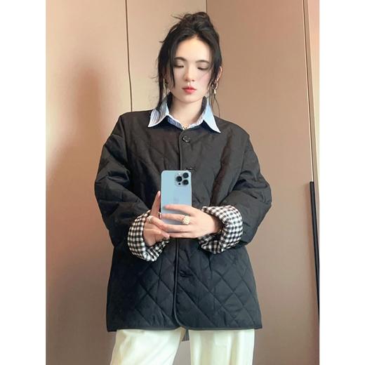 ERD&OS 轻便夹克棉服女V领复古菱型格纹两穿宽松外套 商品图5