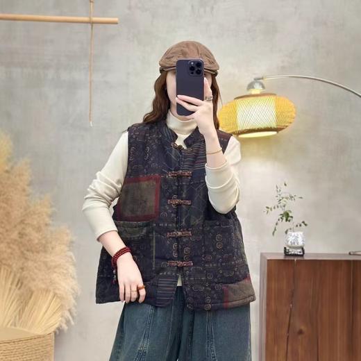 冬季新款复古印花马甲新中式盘扣无袖背心女民族风背心坎肩 商品图5