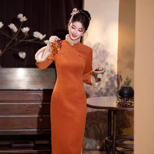 MYJ 【橙意曼曼】新中式旗袍收腰显瘦复古国风加绒保暖 商品图0