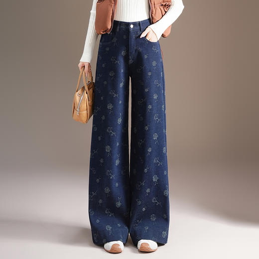 MYX印花牛仔阔腿裤垂坠感修身显瘦直筒裤2025年冬款加绒保暖拖地长裤 商品图0