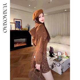 余潇潇【焦糖可露丽】绵羊毛混纺菱格珠片刺绣蝴蝶结连帽毛衣外套