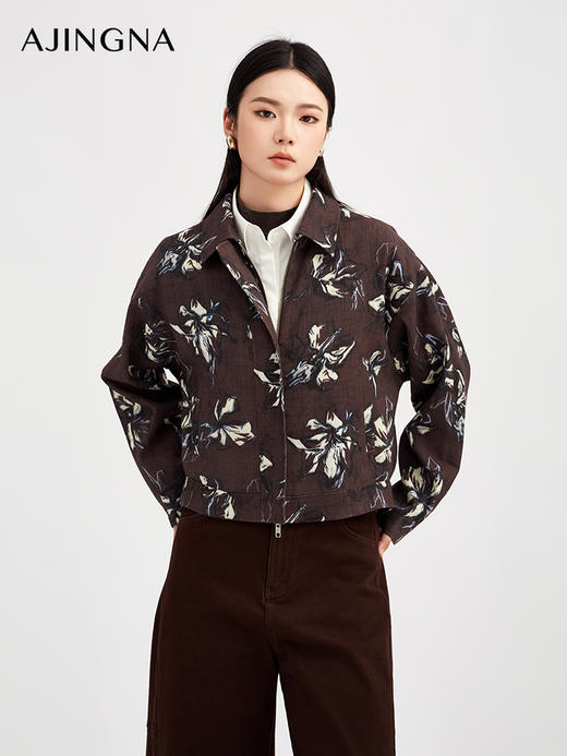 【商场同款】阿菁娜秋季新款印花亚麻夹克复古巴恩风翻领短外套立体袖型设计双拉链凹造型A30Q107005 商品图0