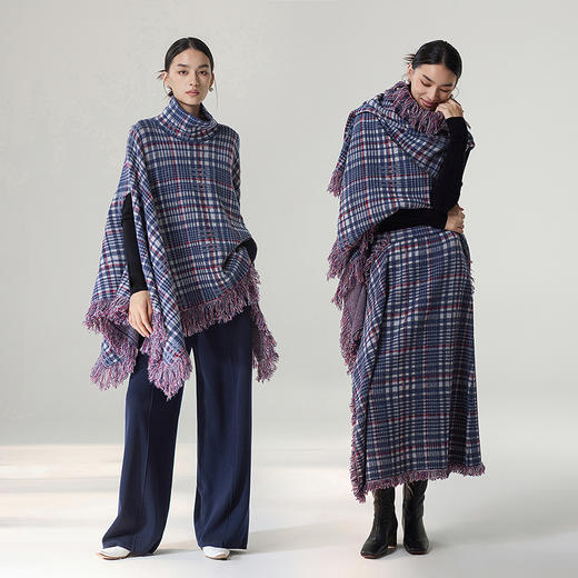【林栖设计小店】格纹毛织披肩复古气质宽松高领2025秋冬新款流苏斗篷上衣2954006 商品图2
