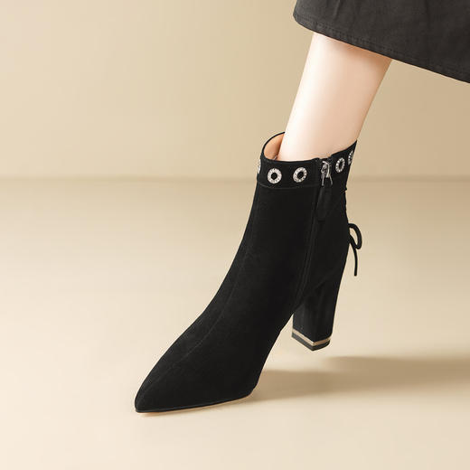 OLD M1215-1羊反绒高跟短靴粗跟真皮尖头侧拉链靴 商品图1