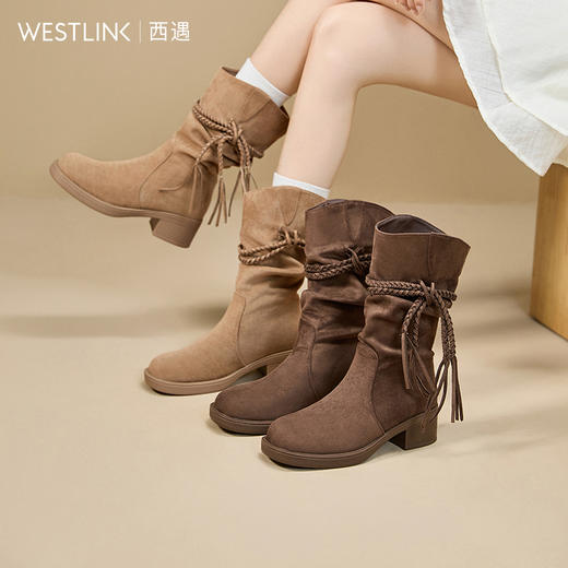 西遇西部牛仔靴女新款秋冬废土风流苏复古堆堆靴中筒粗跟短靴V2257259 商品图0