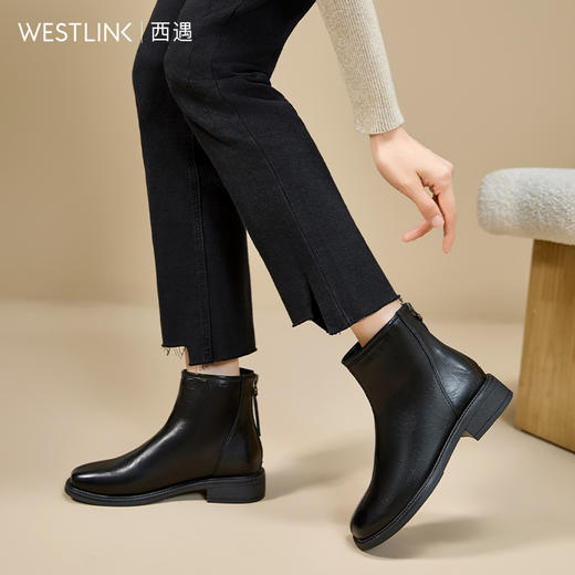 西遇粗跟瘦瘦靴女新款秋冬舒适中跟通勤单靴子圆头黑色短靴V2257254 商品图3