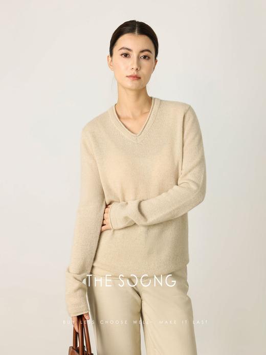 THESOONG| 秋冬100%羊绒26支卷边V领保暖长袖套头毛衣女HWMY7918 商品图0