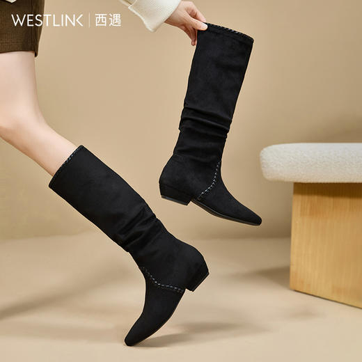 西遇复古堆堆靴女新款秋冬绒面西部牛仔靴低跟不过膝高筒长靴V2257265 商品图3