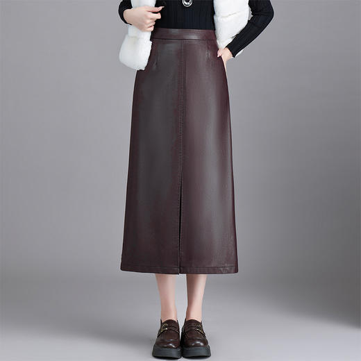QYM 66925-Y半身裙PU皮开衩气质包臀裙中长款一步裙 商品图1