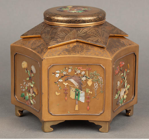 独角鹿西洋古董 1880年代日本明治时期出品富贵花鸟主题芝山镶嵌装饰卷草叶纹金漆莳绘茶叶罐 商品图2