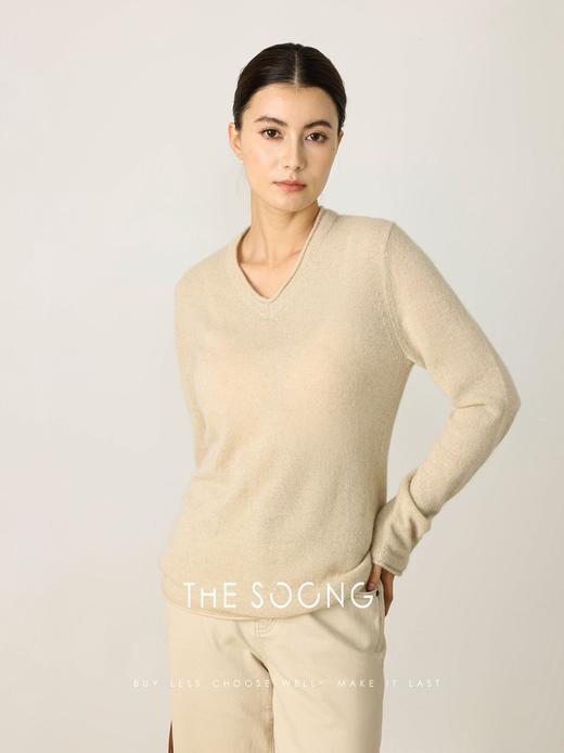 THESOONG| 秋冬100%羊绒26支卷边V领保暖长袖套头毛衣女HWMY7918 商品图3
