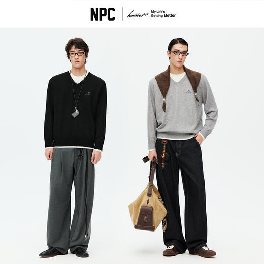 NPC潮牌【青花鹤福】系列撞色假二件圆领针织毛衣百搭慵懒NP59SW02 商品图1