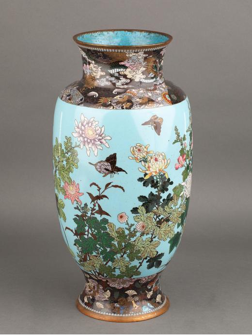 独角鹿西洋古董 1880年代日本明治时期出品「富贵花鸟」主题修饰蓝地七宝烧花瓶一对 商品图4