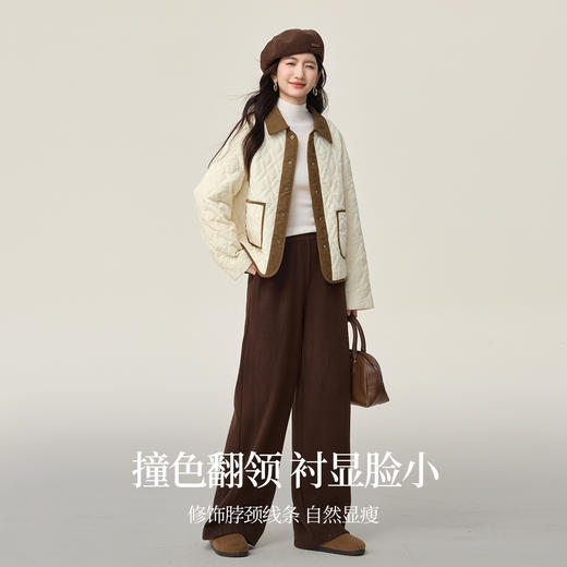 【年货节】熙世界轻薄菱格羽绒棉服女2025秋冬款宽松休闲巴恩风撞色翻领外套 商品图2