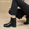 西遇粗跟短靴女新款秋冬高跟鞋皮带扣法式百搭黑色圆头瘦瘦靴V2257251 商品缩略图1