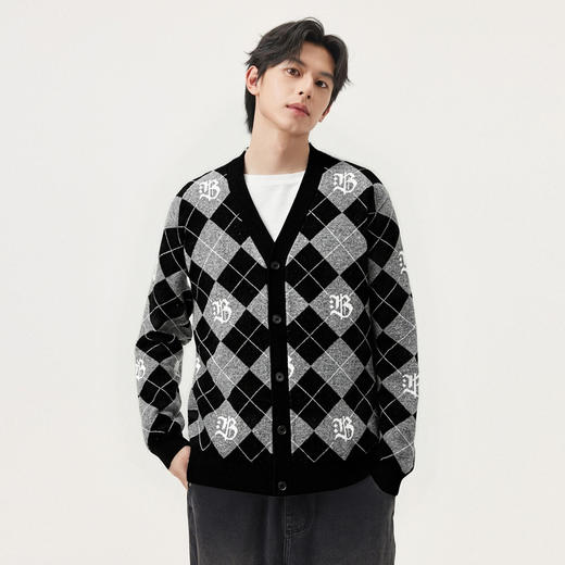 gxg.jeans男装 黑色棋盘格含羊毛开襟毛衣针织衫线衫外套25冬热卖 商品图2