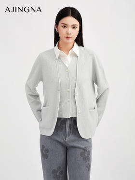 【商场同款】阿菁娜冬季新款亮丝羊毛开衫水绿光感V领外套垂顺肌理面料A30D318023