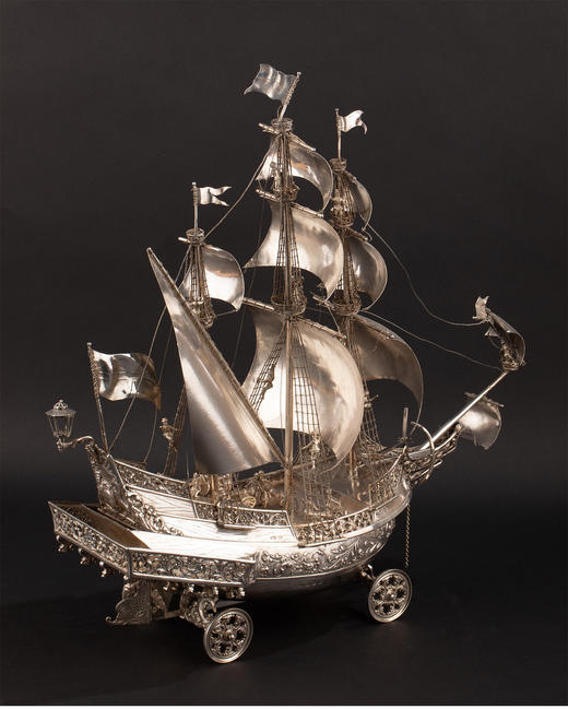 独角鹿西洋古董 1927年德国出品纯银精雕帆船摆件 商品图2