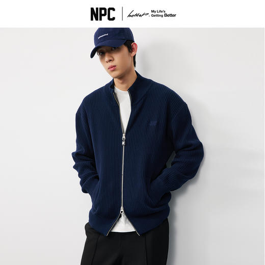 潮牌100%棉藏青色半高领双头拉链针织开衫男百搭上新NP57SW35 商品图0