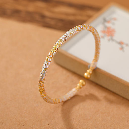 S999.9足银描金葫芦樱花开口，新中式银手镯CW-SZ02055 商品图1