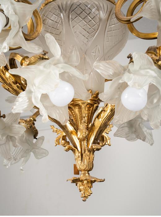 独角鹿西洋古董 19世纪末法国出品路易十五风格小天使主题铜鎏金精雕装饰花朵造型灯罩多枝头水晶吊灯 商品图4