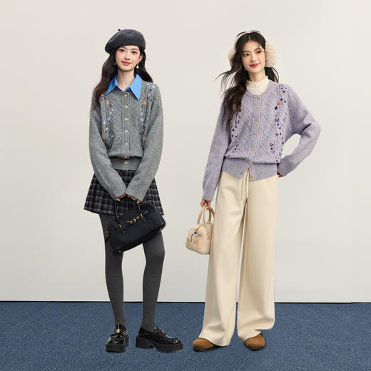 【年货节】熙世界蝴蝶花刺绣毛衣外套女秋冬复古灰色圆领针织开衫 商品图2