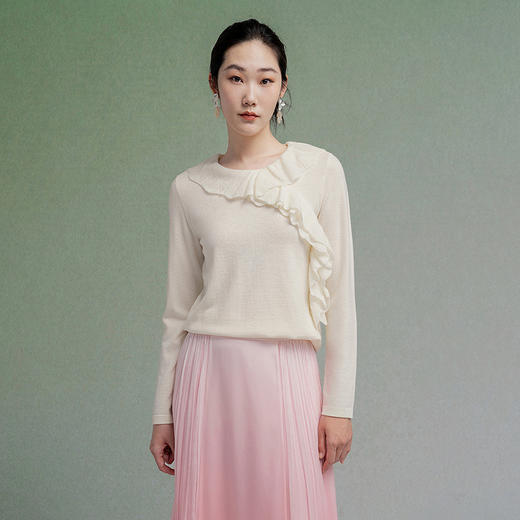 【林栖设计小店】绵羊毛织上衣修身荷叶边气质长袖2025秋冬新款套头毛衣女1954039 商品图1