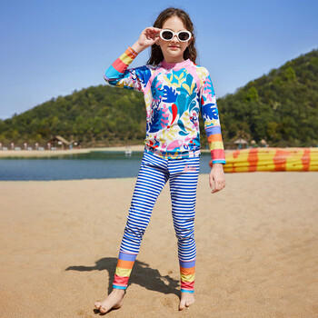 ASK JUNIOR【泡温泉】女童泳衣夏儿童水纹长袖条纹长裤分体式泳衣 140 商品图0