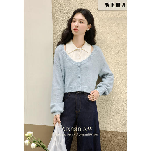 鹿向南「陷进温柔」蓝色针织毛衣女早秋新款杏色无袖背心时尚套装 商品图1