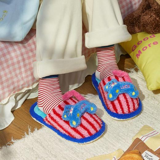 【36-40码】女士冬季新款暖冬彩条幸运毛绒居家室内女款棉拖鞋保暖撞色拖鞋【9912】 商品图2