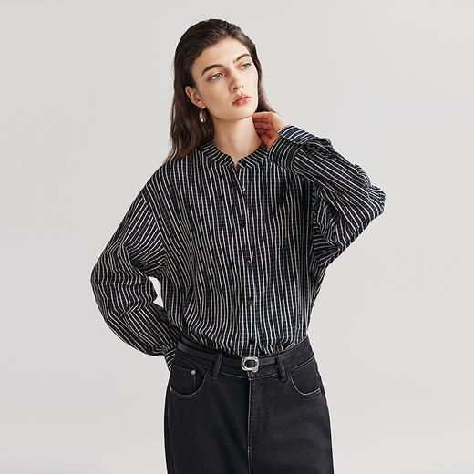 棉仓367604006-提花格纹肌理立领衬衫 商品图1