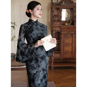 【雁归来】黑色旗袍改良复古喇叭袖新中式连衣裙优雅气质LSB4038