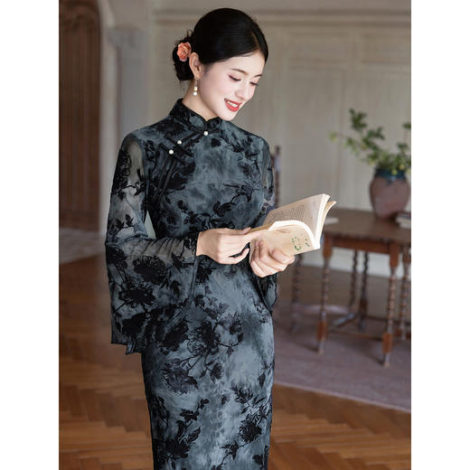 【雁归来】黑色旗袍改良复古喇叭袖新中式连衣裙优雅气质LSB4038 商品图2