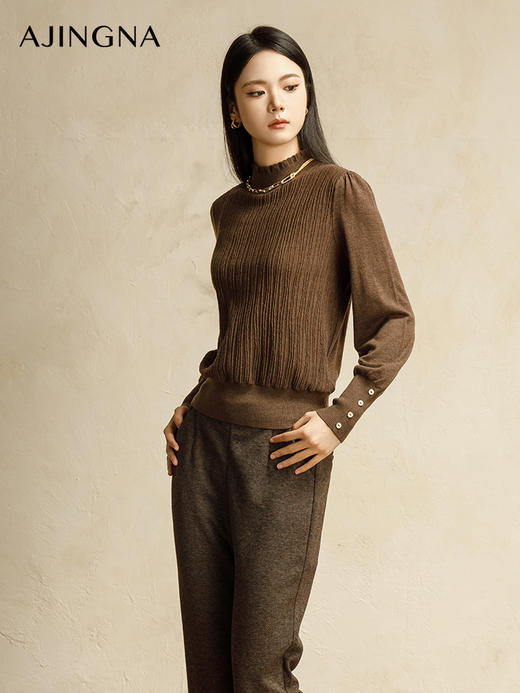 【商场同款】阿菁娜冬季新款木耳领撞色针织衫6A级羊毛修身打底半高领显瘦通勤优雅内搭A30D301020 商品图3