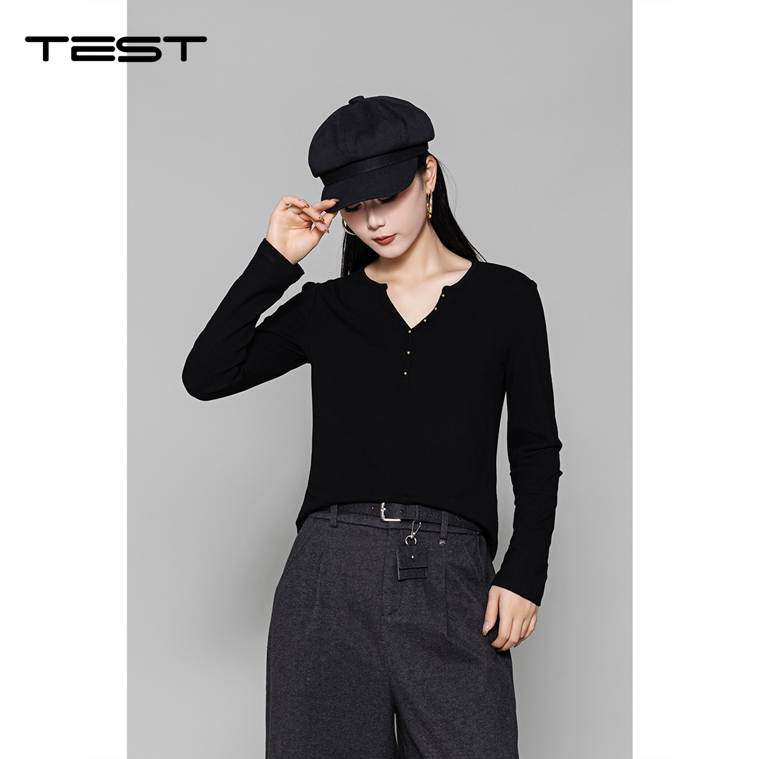冬上新简约又高级V领纽扣装饰长袖T恤1254068
