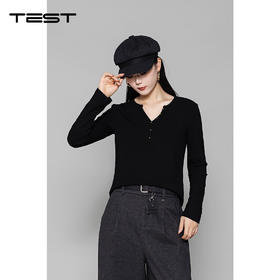 冬上新简约又高级V领纽扣装饰长袖T恤1254068