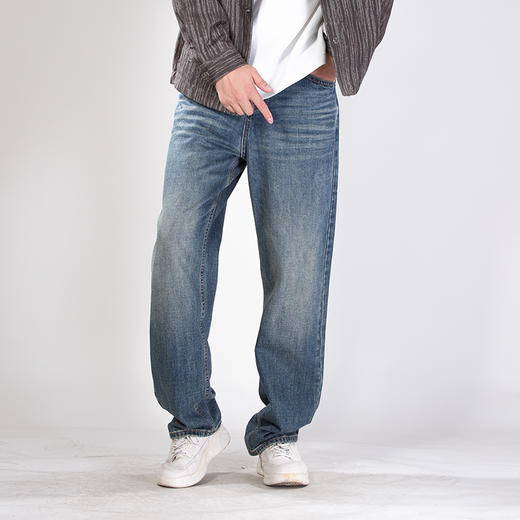 DRONKOO 2025 正常腰钉扣裂纹编织皮牌中厚牛仔长裤 商品图1