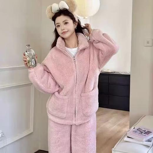 纯色软糯暖绵绵拉链套装珊瑚绒大码睡衣女士加绒加厚立领拉链法兰绒暖暖套装秋冬外穿家居 商品图3