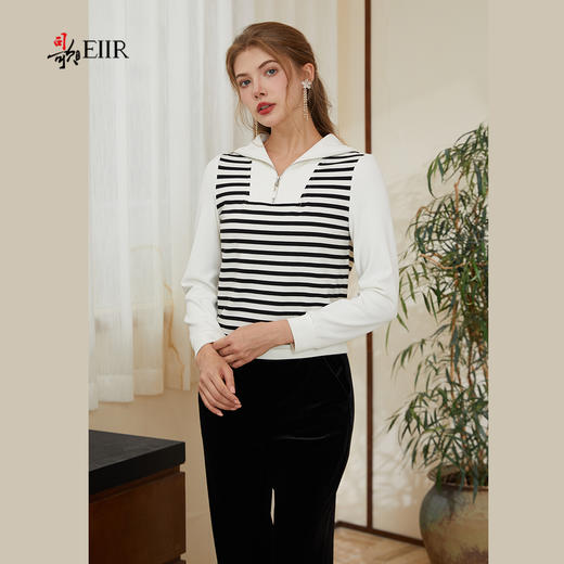司歌条纹翻领弹力修身套头卫衣上衣T921040Y 商品图2