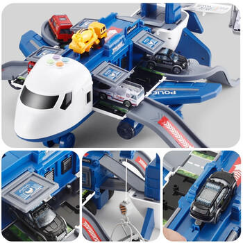 贝比童话儿童玩具惯性飞机汽车模型可变形飞机男孩生日礼物+4合金小汽车+11件路标大号车套装/警察客机 商品图3