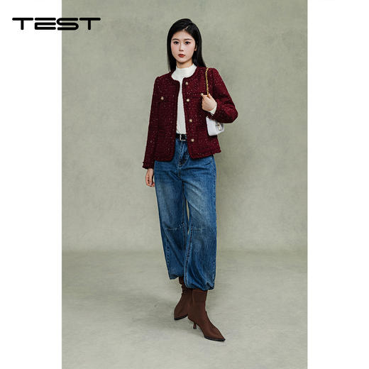 冬上新时尚百搭复古小香风酒红色呢外套2254087 商品图2