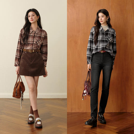 【严选】诗凡黎港式复古通勤衬衫2025秋冬新款撞色格纹长袖气质翻领上衣女7G9320971 商品图1